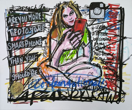 IISHOO Art Agency - Socially engaged original art under 250 on cotton canvas created with Paint Markers by Zapedski about cell phone addiction
